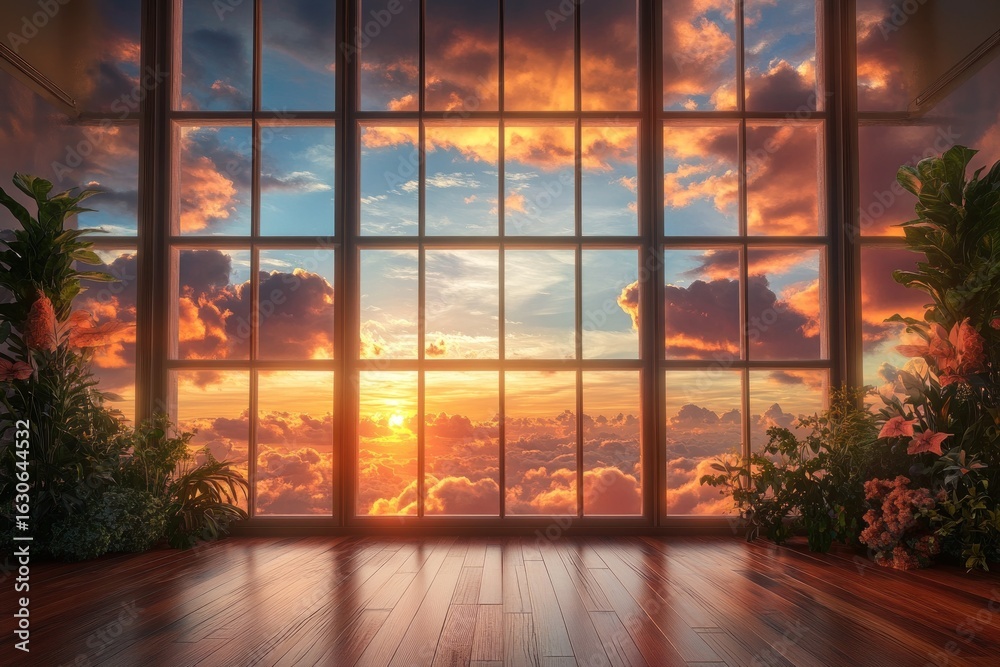 Fototapeta premium Window view sunset clouds sky plants indoor home decor interior design art
