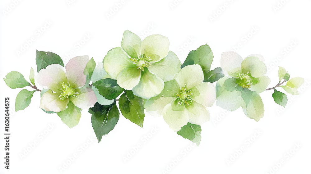 Fototapeta premium Watercolor botanical illustration of delicate green flowers and leaves, showcasing natural beauty and elegance