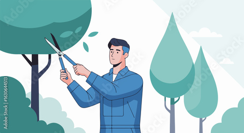 A gardener pruning a tree. 