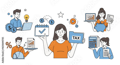 Illustration of people working on taxes, finance, and accounting.