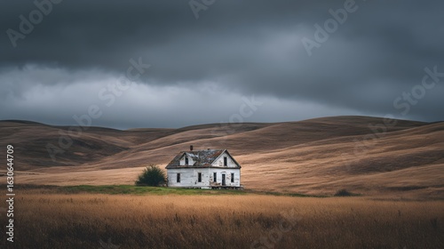 Abandoned farmhouse wild grassy hill with overcast sky moody countryside aesthetic high resolution landscape