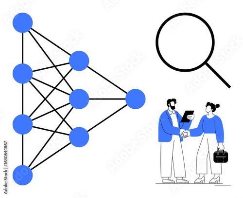 Neural network diagram with connected nodes, magnifying glass, and two businesspeople shaking hands. Ideal for technology, AI, machine learning, teamwork, data analysis, research innovation themes