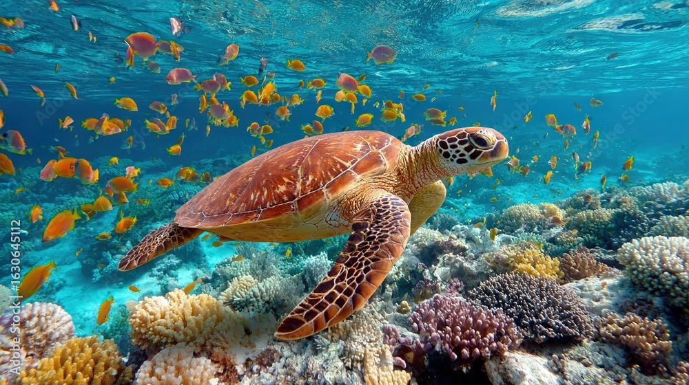 Fototapeta premium A turtle glides through a vibrant coral reef, surrounded by a mesmerizing school of fish, in the vast expanse of the ocean