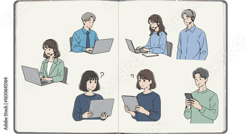 Diverse professional working on different devices with their notebooks. 