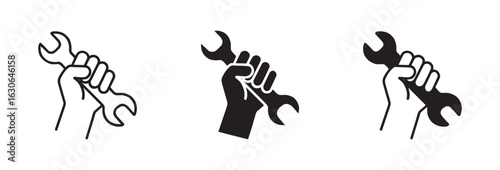 Set of hands holding wrenches  icon in different styles  ,symbolizing labor and repair. vector illustration.