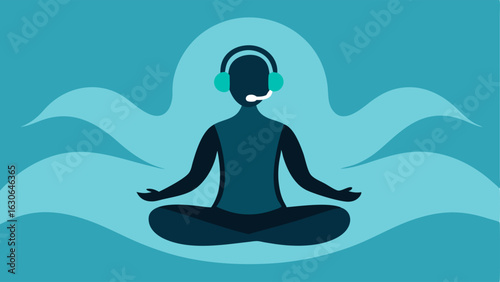 Calm Figure A silhouette of a person sitting crosslegged wearing a sleek headset with a serene expression and gentle waves surrounding their head to symbolize brainwave regulation.