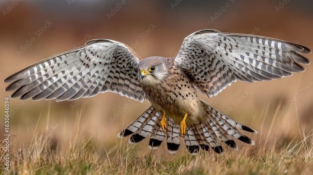 Fototapeta premium A bird of prey with its wings open in a grass field