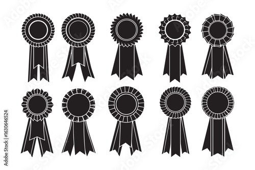 Vector art of collection of ten unique award ribbon rosettes in black silhouette style for recognition and achievement