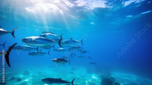 Dynamic School of Tuna Swimming Underwater in Blue Ocean