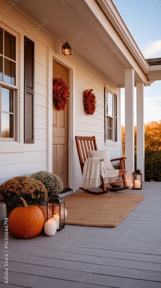 Fototapeta premium Charming autumn porch decorated for thanksgiving with pumpkin and seasonal wreaths