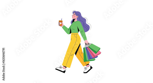 Woman shopping vector illustration with shopping bags and coffee to go cup