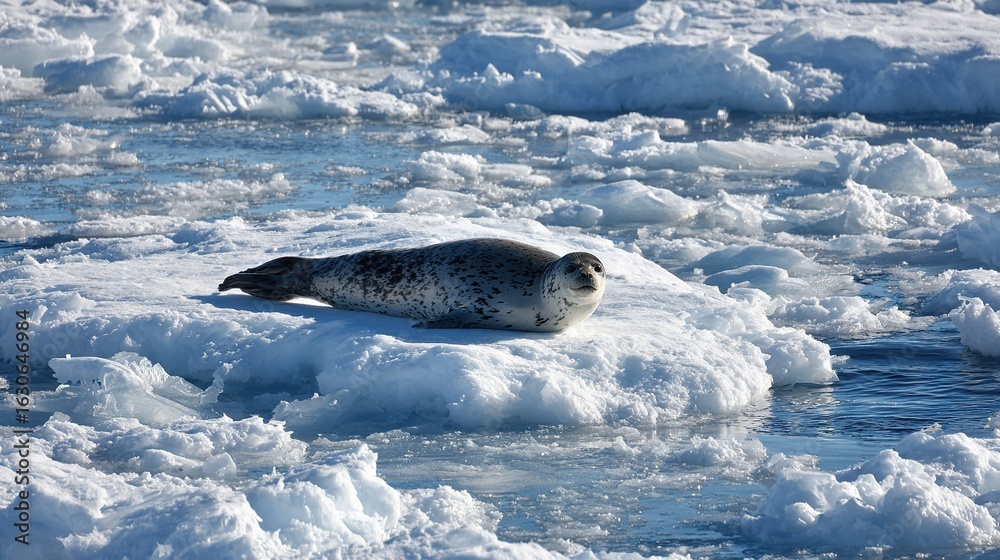 Obraz premium A seal lounging atop an ice float in the heart of the ocean, with its head bobbing above the water's surface