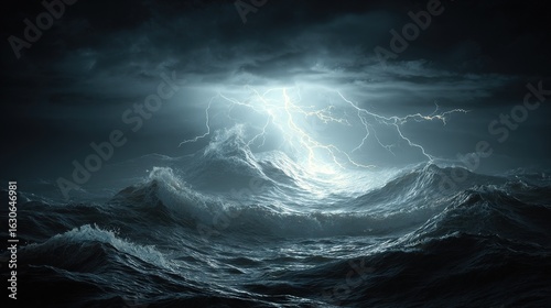 Fototapeta Naklejka Na Ścianę i Meble -    Stormy sky over vast ocean with lightning bolt in center