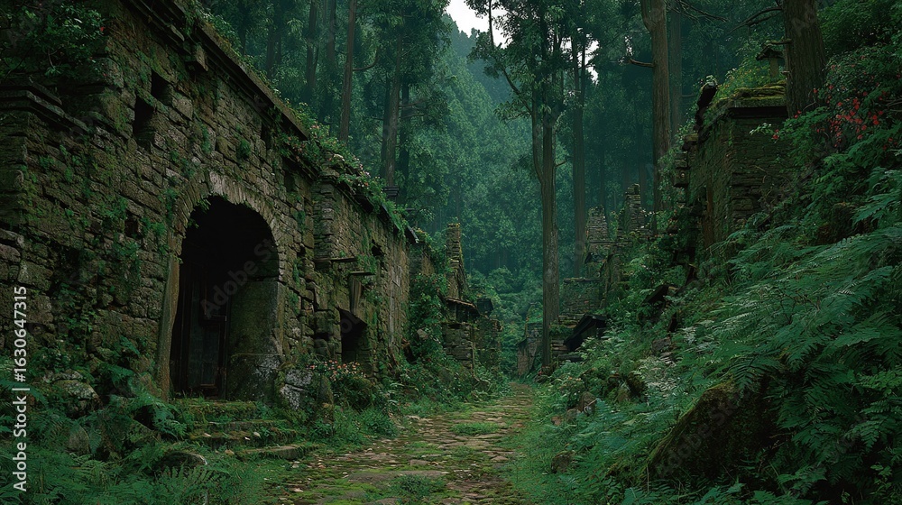 Fototapeta premium In a forest, a stone tunnel is surrounded by numerous green plants and trees on either side, connecting it to an entrance via a dirt path