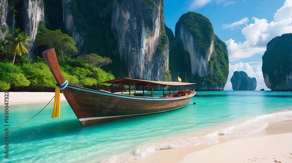 Obraz premium Serene thai longtail boat anchored on a pristine white sand beach amidst towering limestone cliffs and turquoise waters