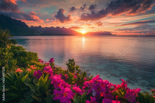 Beautiful sunset over ocean with pink flowers nature landscape wallpaper