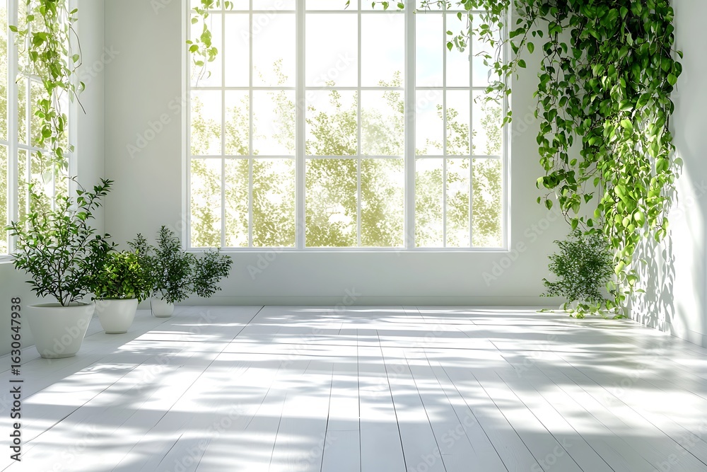 Fototapeta premium Bright white room interior design with plants and natural light indoors