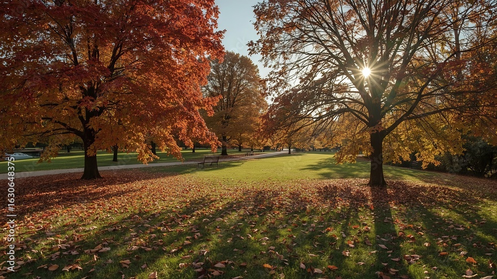 Fototapeta premium A peaceful autumn park bathed in warm golden sunlight, with colorful fallen leaves covering the ground, tall trees glowing in vibrant shades of orange and yellow, creating a serene