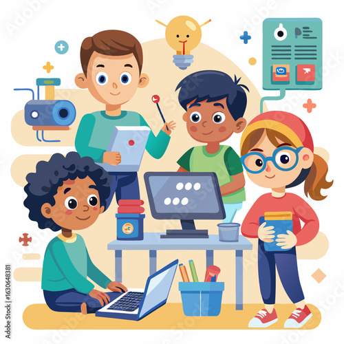 Diverse group of children engaged in a stem learning activity