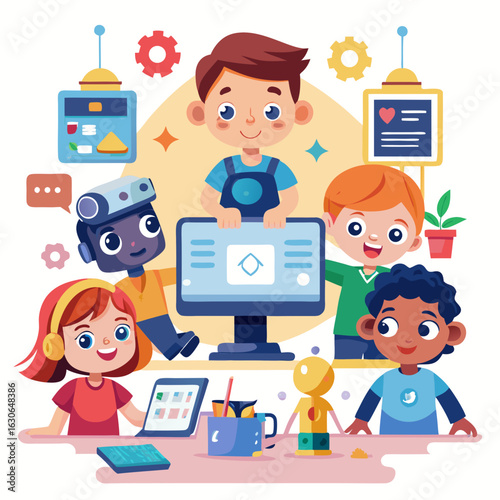 Diverse group of children engaged in technology and robotics education