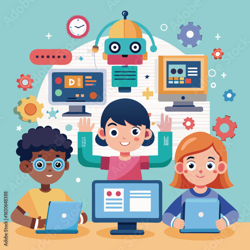 Diverse children learning coding and robotics with computers and a robot