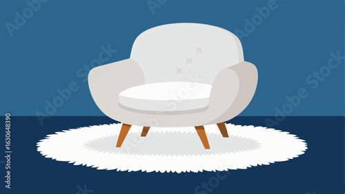 A plush white rug perfectly complementing the modern velvet armchair.