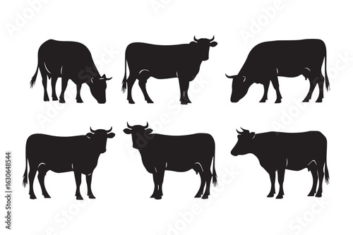 Vector art of black and white vector silhouettes of cows grazing in a field representing farm animals in a rural setting