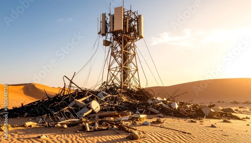 Tower Ruins in Desert Landscape at Sunset with Sand Dunes