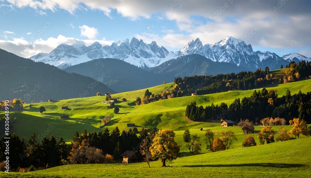 Fototapeta premium Alpine valley at sunset with snow-capped peaks