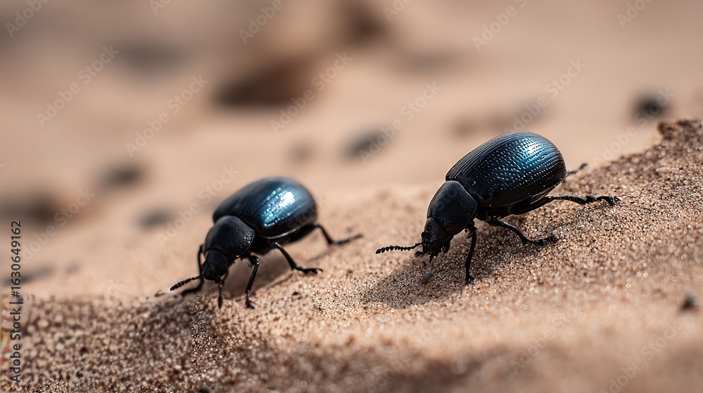 A pair of black bugs perched on a sunlit sandy beach together on a clear day A pair of black bugs perched on a sunlit sandy beach together on a clear day
