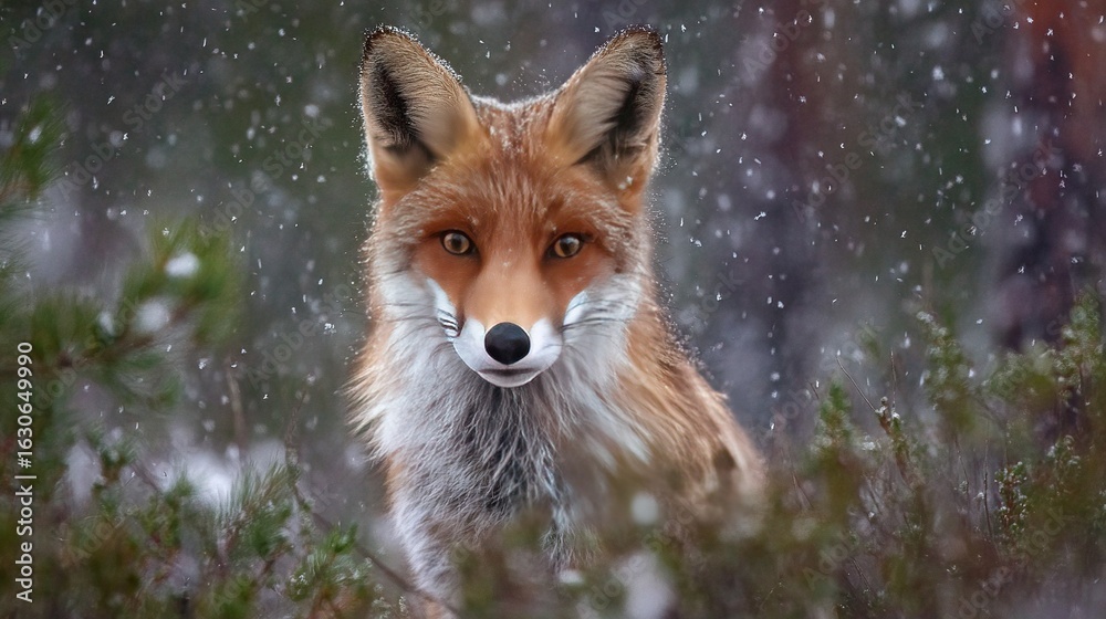 Fototapeta premium Close-up of a fox with snow on its face and a pine tree in the foreground
