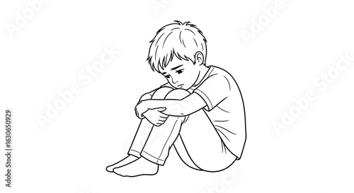 Vector art of sad young boy curled up, isolated on white background