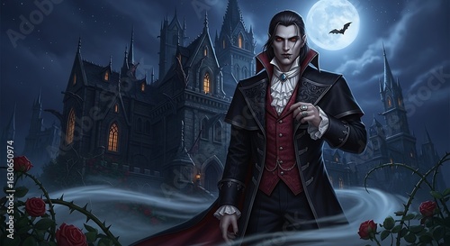 A vampire stands in front of a gothic castle under a full moon with a bat flying overhead, surrounded by fog and red roses.