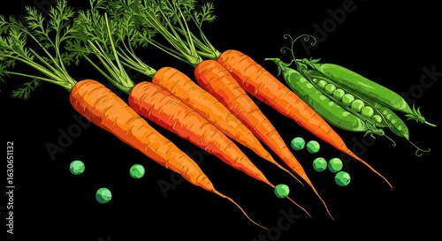 Carrots and peas on black