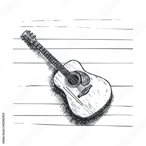 Acoustic guitar on wooden floor for music enthusiasts and artists