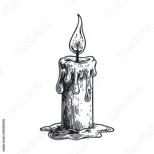 Vintage candle with melted wax and flickering flame for relaxation