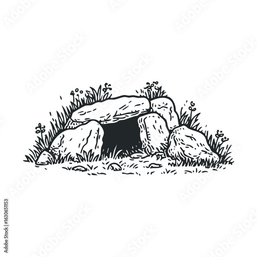 Ancient burial site with stones and grass landscape design for print