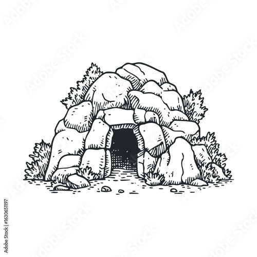 Ancient stone structure with entrance surrounded by greenery