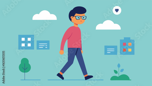 Daily Steps Summary A person walking through town with glasses presenting a brief summary of their daily steps taken and remaining goals via a small HUD headsup display.