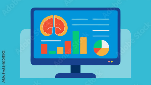Computer Display with Diagnostic Results A computer screen displaying an AIgenerated report on an MRI scan including graphs and colorcoded indicators for healthy vs. atrisk areas.