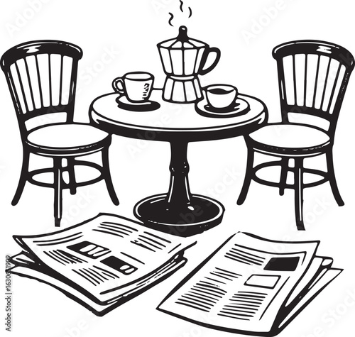 Cozy Cafe Scene with Coffee, Table, Chairs, and Newspapers in Hand-Drawn Vector Illustration