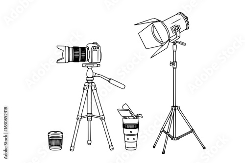 Photography equipment line art vector illustration featuring camera tripod light and lens for studio use