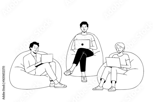 Illustration of remote work team collaboration with laptops in beanbag chairs for productivity