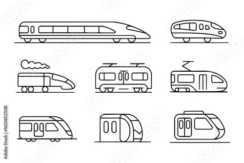 Explore various train types vector set illustration railway transport locomotive and wagons design element