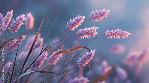 Pink pampas grass plumes blow softly. Use for nature, spring, or calm concepts. Dreamy, airy style.