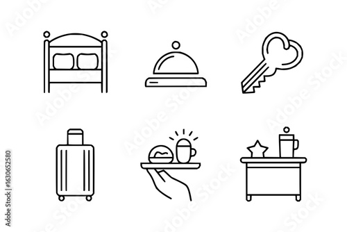 Hotel amenities vector icons set including bed, room service, key, luggage, table and more icons set