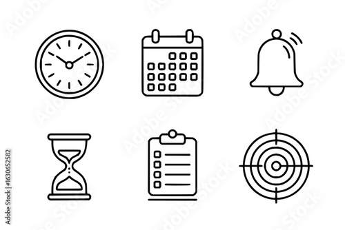 Time management vector icons set clock calendar hourglass checklist target notification for productivity