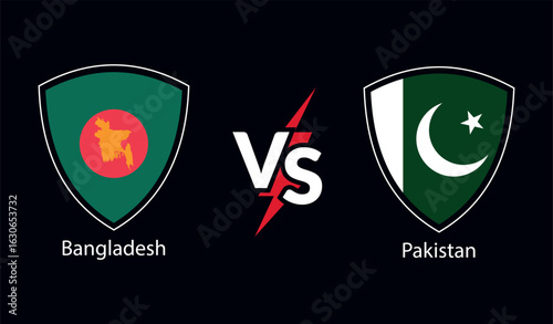 Cricket match between bangladesh and pakistan national teams represented by their flags in shields with vs symbol