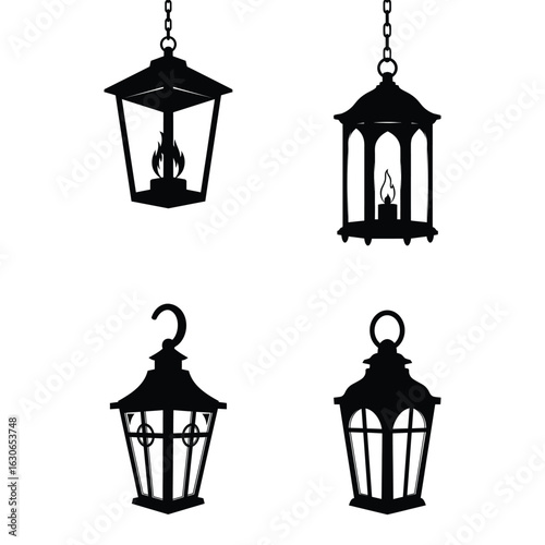Collection of spooky hanging lanterns with flickering flame silhouette on white background
