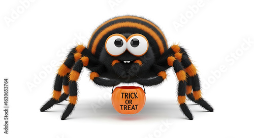 A cartoon spider with orange and black stripes holding a trick or treat bucket on a white background